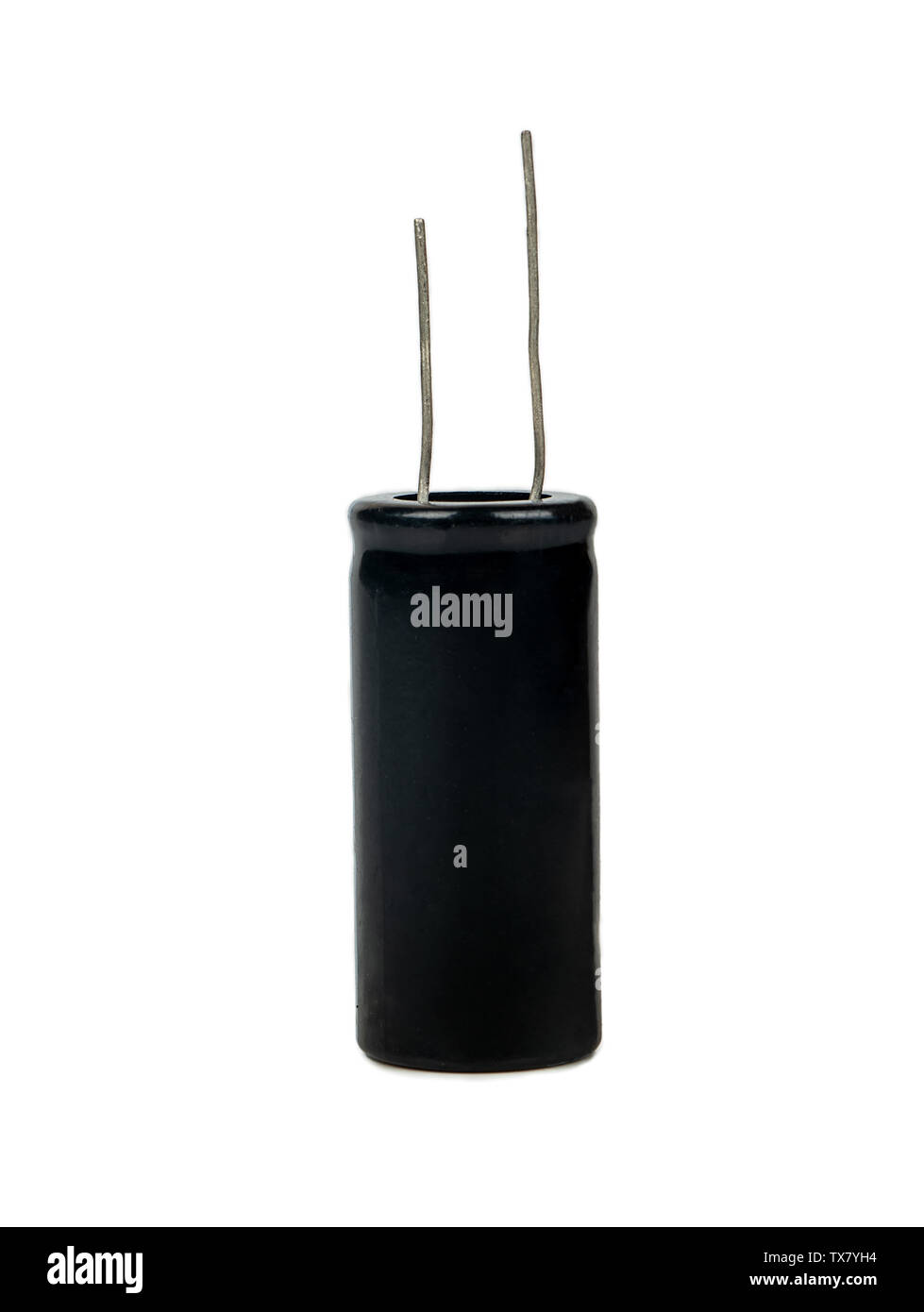 Black radio capacitor detail isolated on white background Stock Photo