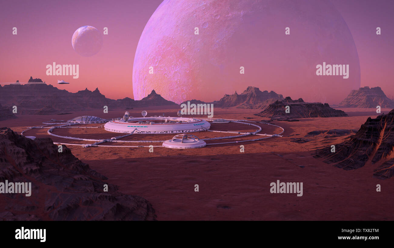 human base on the surface of an alien planet, colony on exoplanet Stock Photo