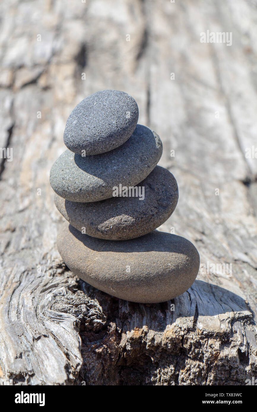 Balanced stack of four smooth stones on driftwood. Stock Photo