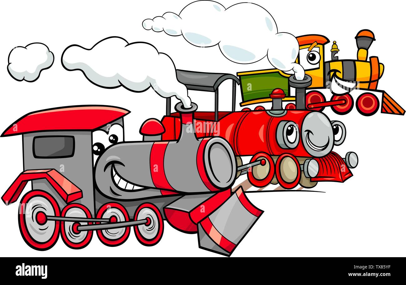 Cartoon Illustration of Steam Engine Locomotive Transport Characters Group  Stock Vector Image & Art - Alamy