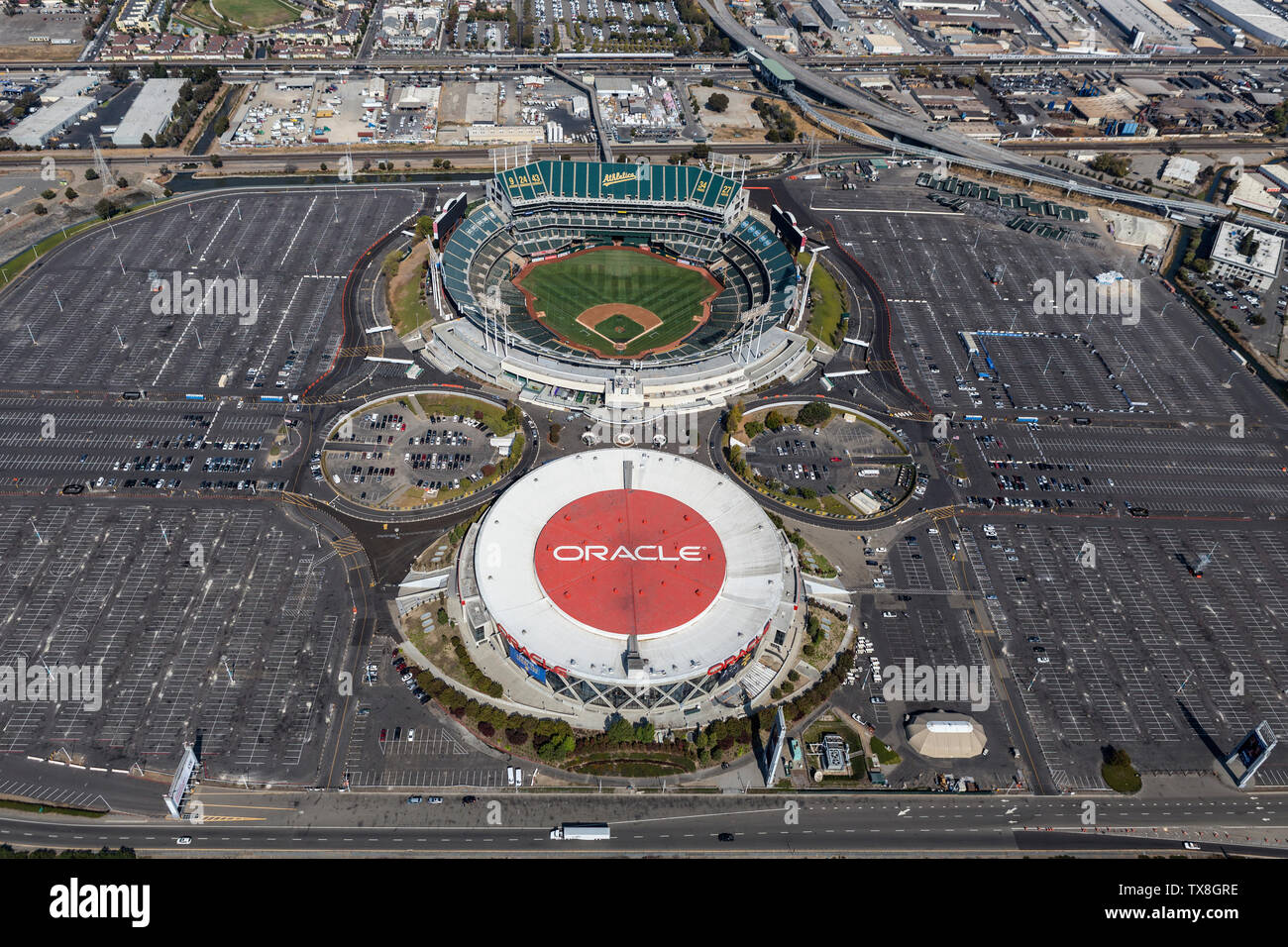 Oakland, California, USA - September 19, 2016:  Aerial view of the Oracle Arena and Oakland Coliseum stadium. Stock Photo