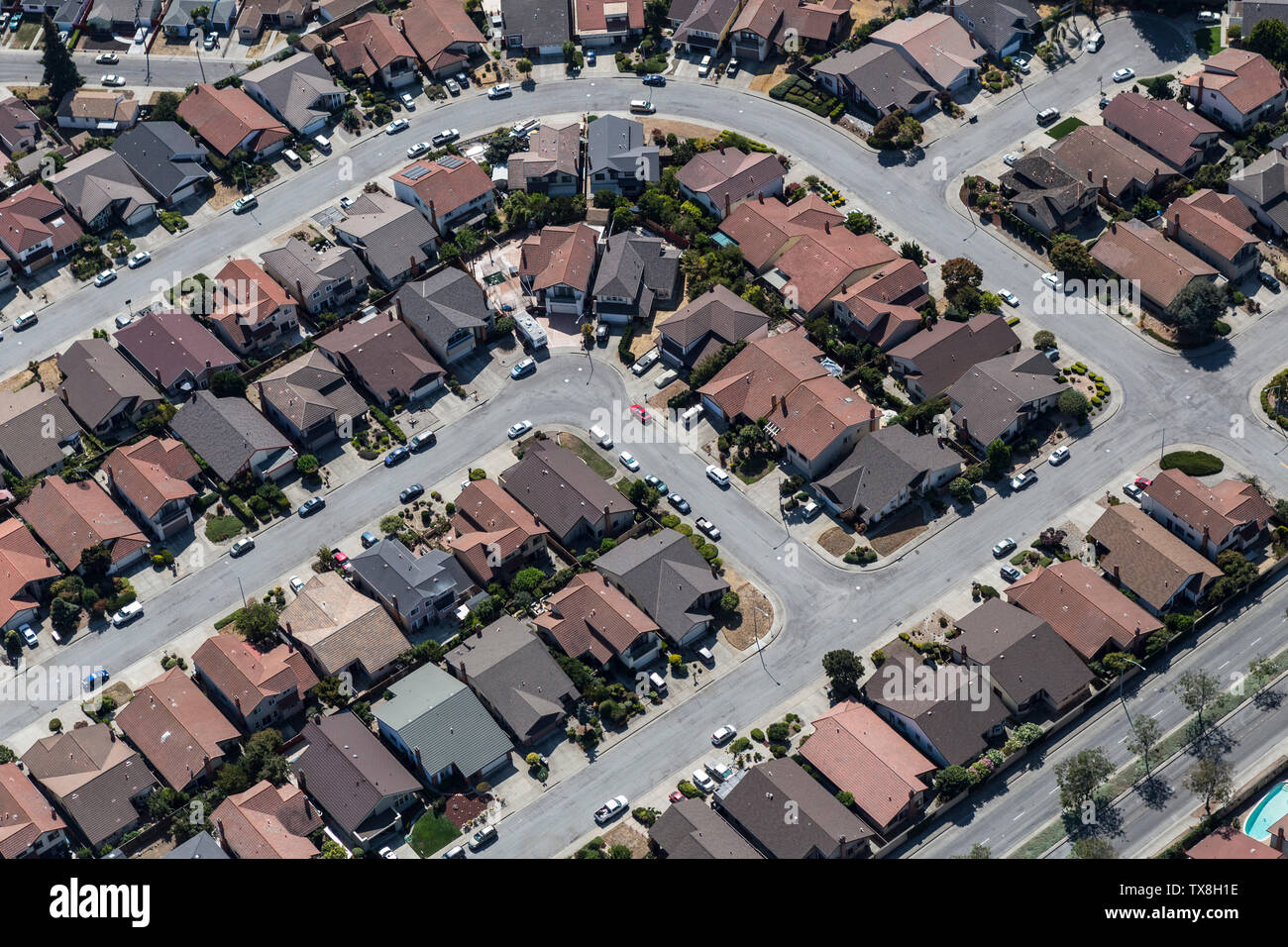 Aerial view of tightly packed middle class homes and streets near Oakland, California. Stock Photo