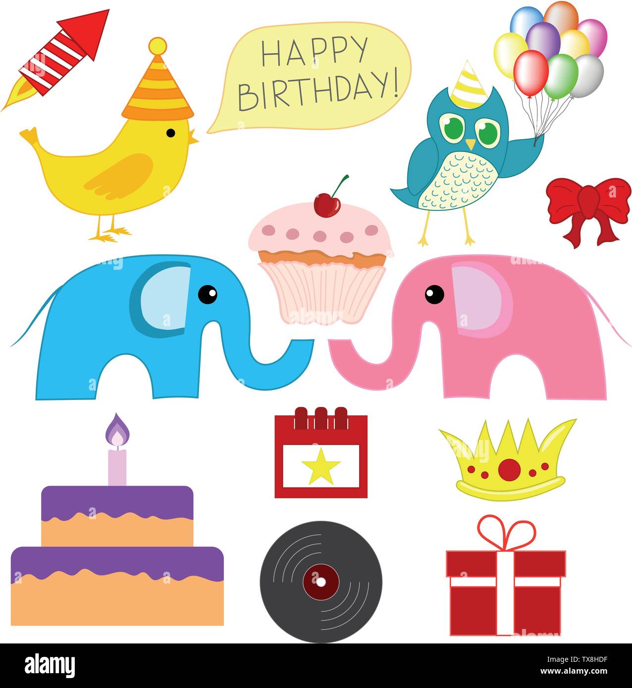 Set of Different Birthday Party Elements isolated on white background. Cake, Firework, Balloons, Gifts. Vector Illustration for Your Design, Game, Car Stock Vector