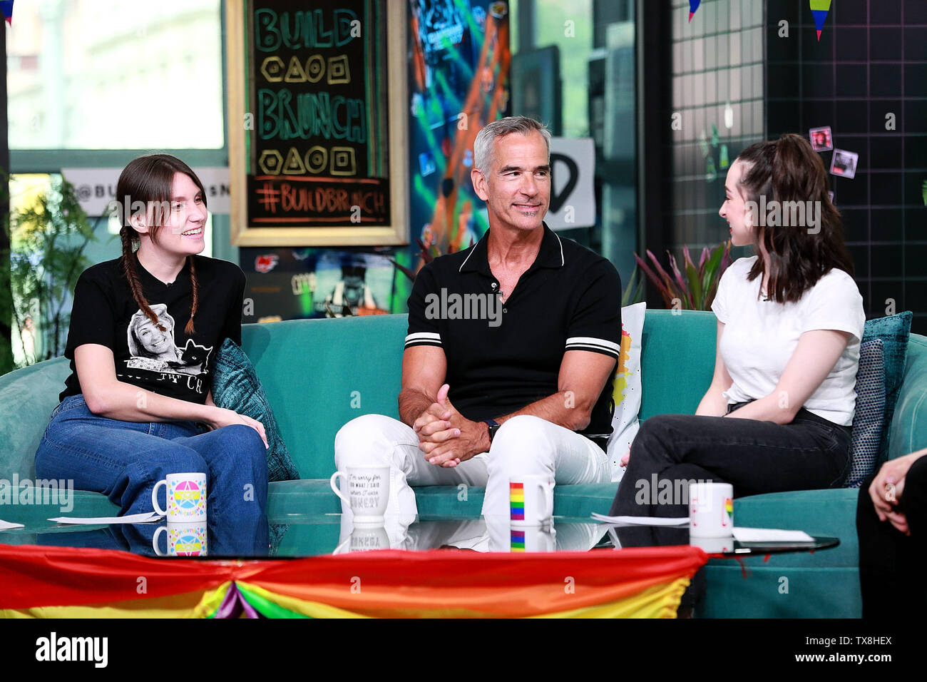 New York, USA. 24 June, 2019. Shannon Coffey, Jerry Mitchell, Ali Kolbert at the BUILD Speaker Series with Jerry Mitchell, Director/Choreographer of Broadway's KINKY BOOTS at BUILD Studio. Credit: Steve Mack/Alamy Live News Stock Photo