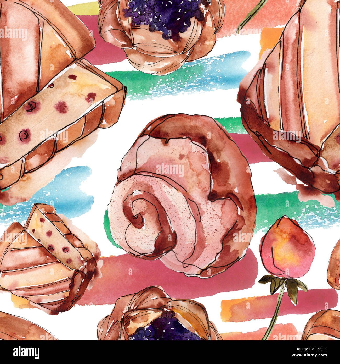 Tasty cake and bun sweet dessert. Watercolor background illustration ...