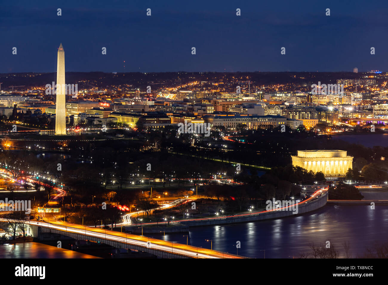 Aerial view of Washington DC cityscape from Arlington Virginia USA. Stock Photo