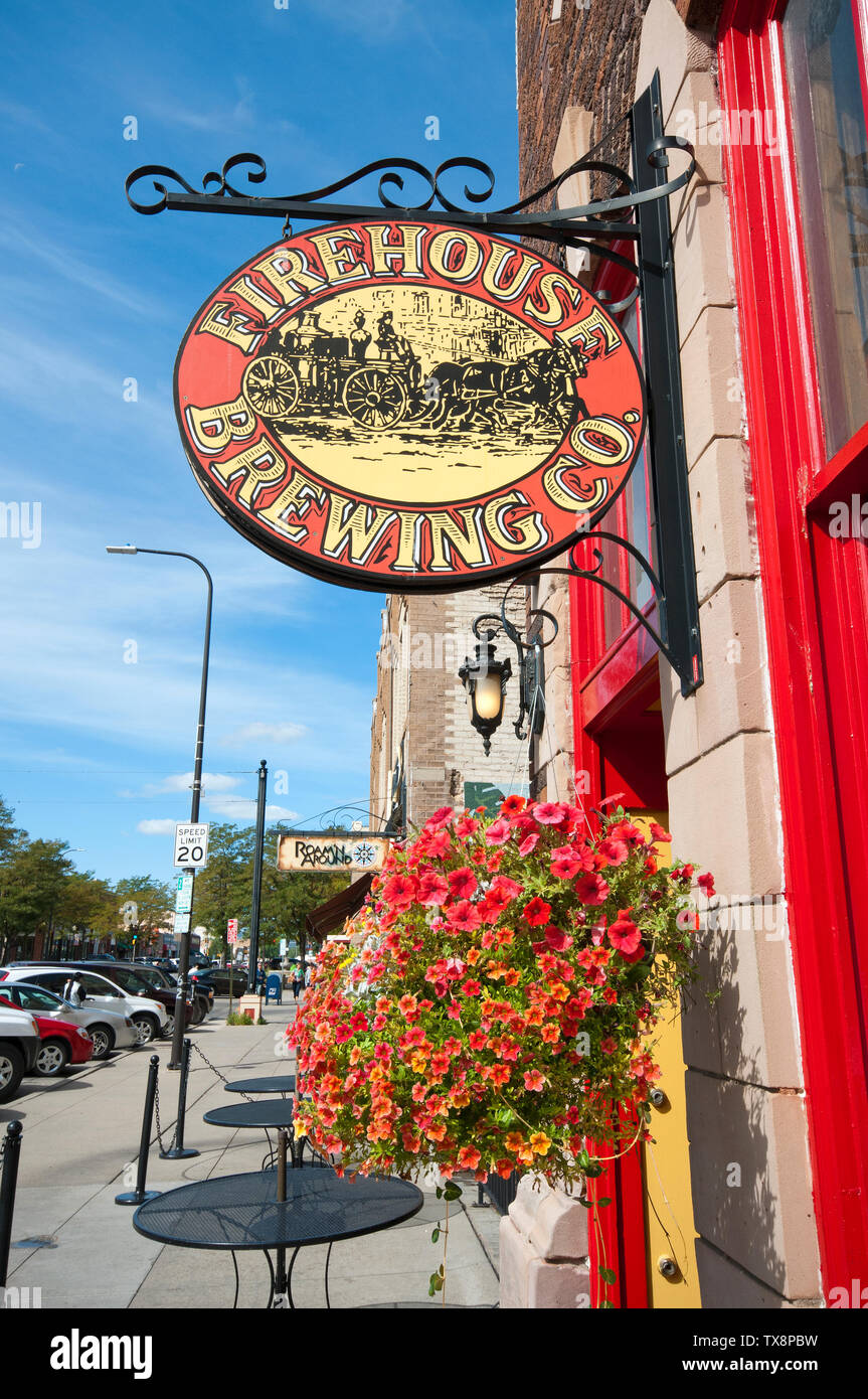 Sign of Firehouse Brewing Company bar and restaurant (in the historical site of Fire Dept) in Rapid City, County Pennington, South Dakota, USA Stock Photo