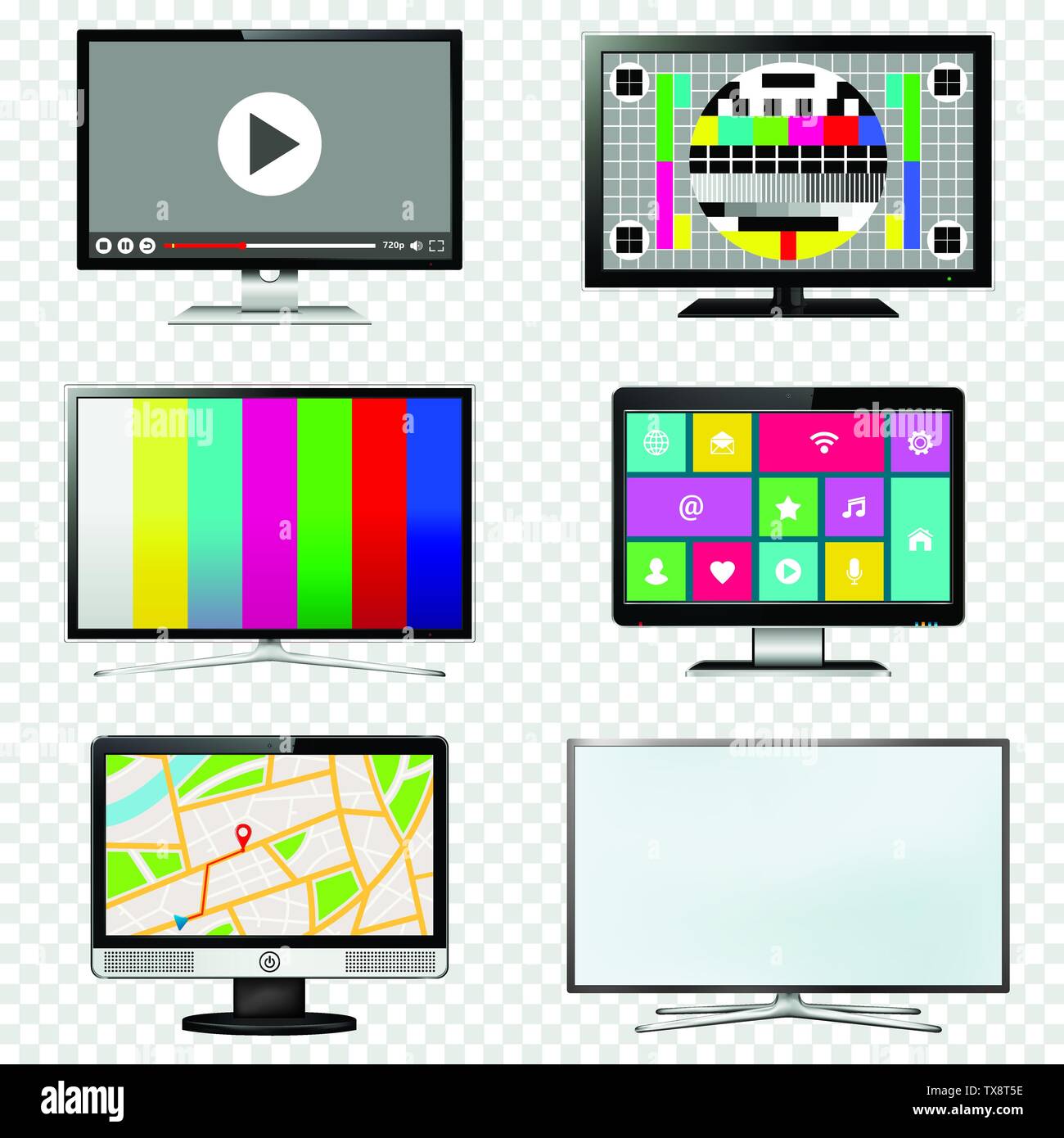 TV and computer monitor screen set on transparent background Stock Vector