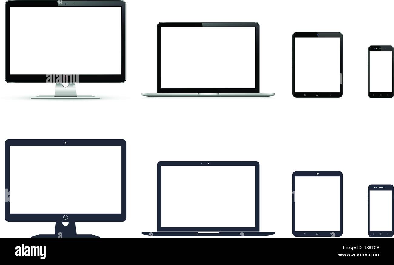 Realistic set of monitor, laptop, tablet, smartphone and their icons Stock Vector