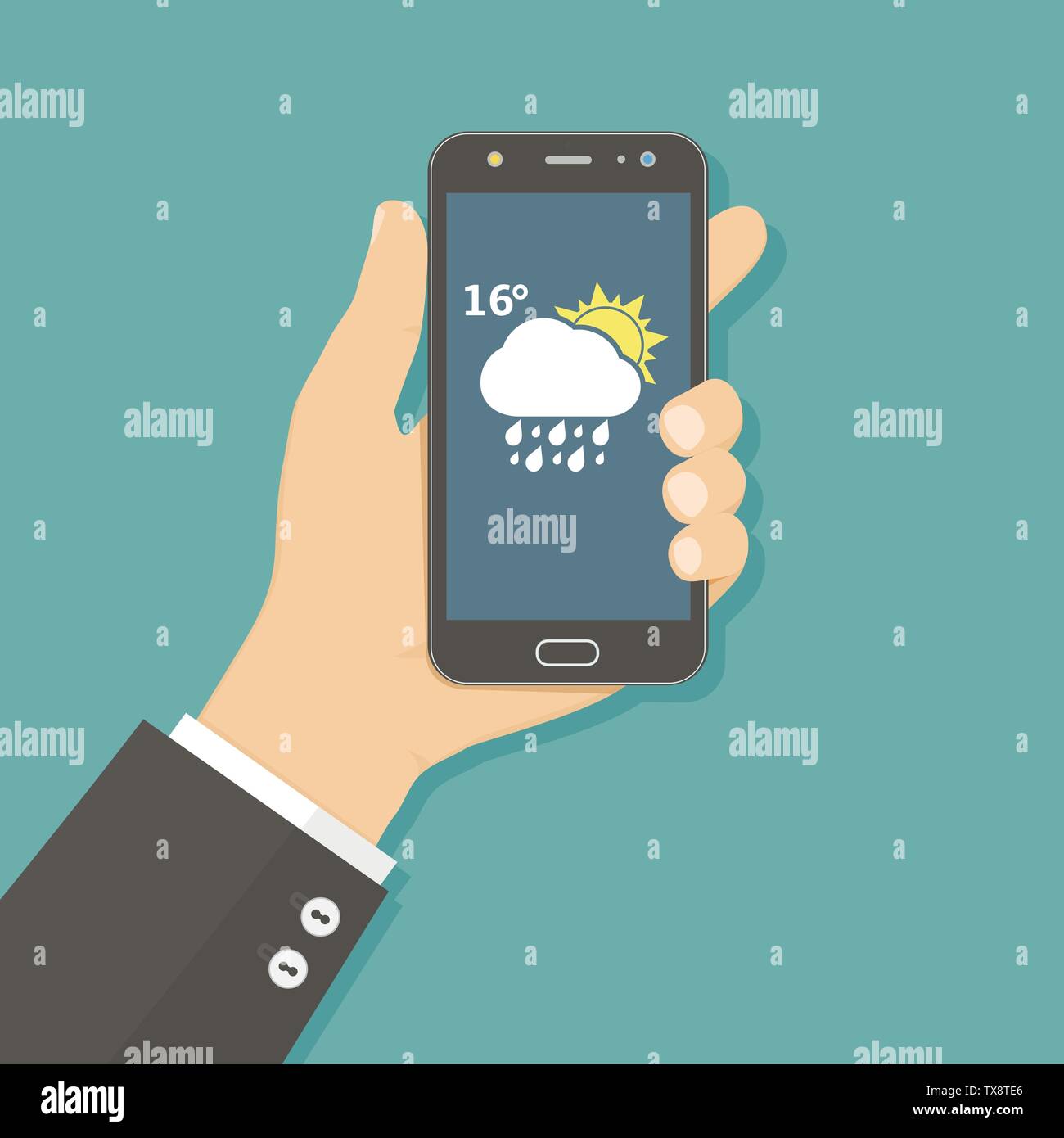 Flat design concept with hand holding mobile phone with weather app Stock Vector