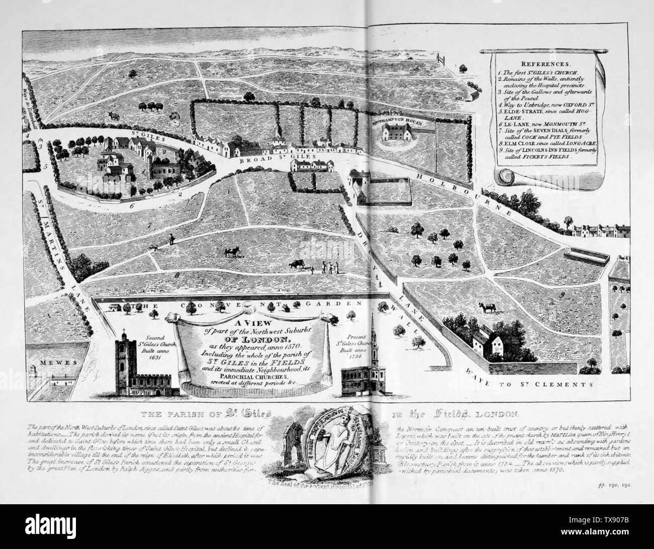 St Giles London Map The Parish Of St. Giles In The Fields.; 18Th Century Date  Qs:p,+1750-00-00T00:00:00Z/7; Maps Of Old London, Ed. G. E. (Geraldine  Edith) Mitton (1908); Based On A Map By Ralph Agas Stock Photo -