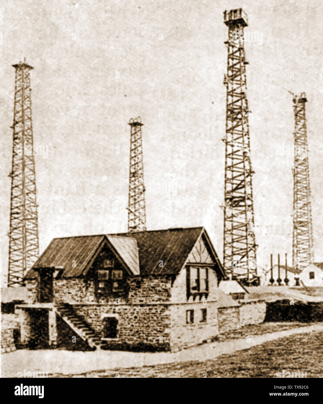 History of wireless and radio communication - History of wireless and radio communication -  THE EARLIEST POLDHU WIRELESS STATION  WITH ITS WOODEN MASTS Stock Photo