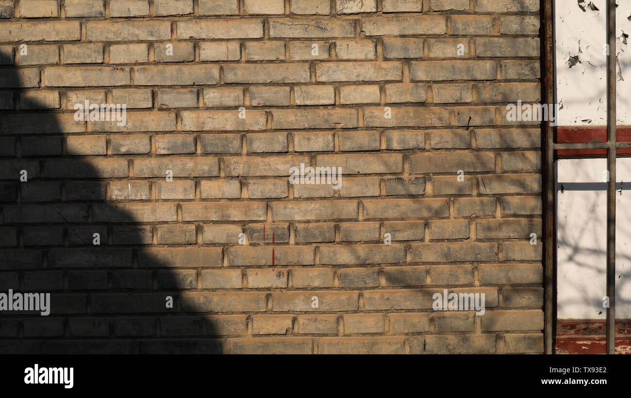 Nostalgic brick walls, mottled tree shadows Stock Photo