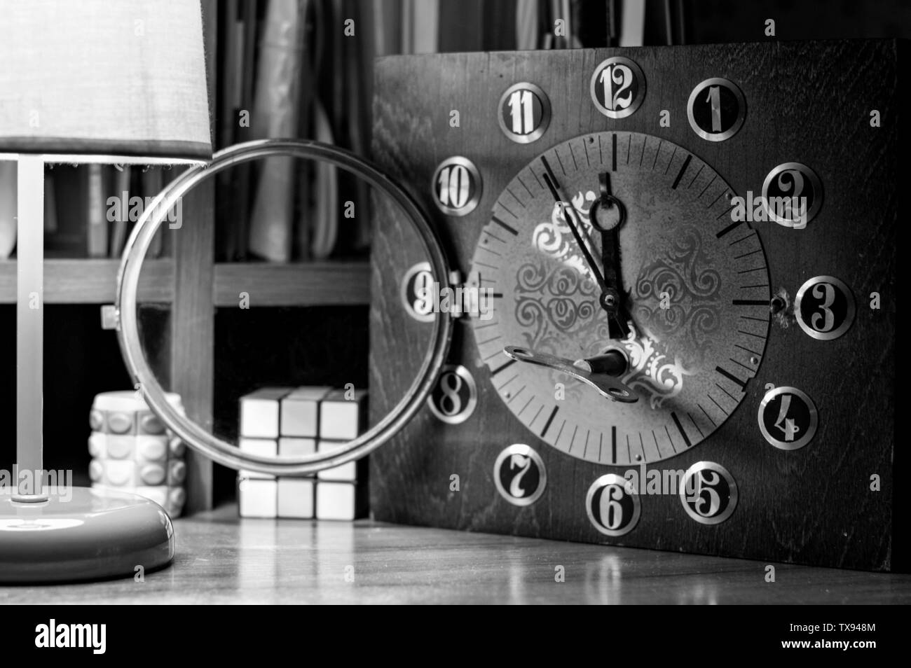 Leaving time. Old hand clock. Wooden clockwork Stock Photo Alamy