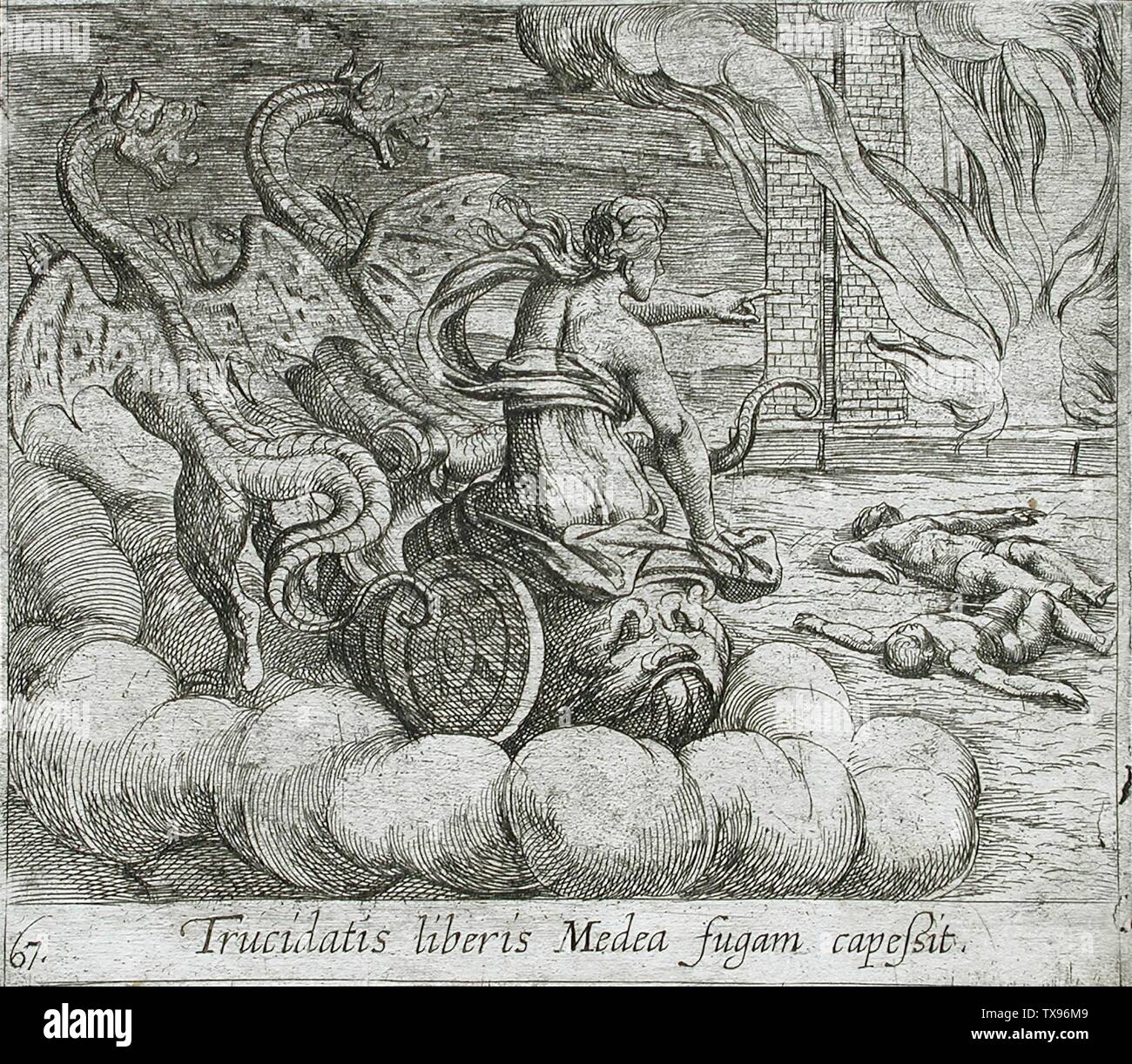 Medea Destroying Jason's Family and Home;  Italy, published 1606 Alternate Trucidatis liberis Medea fugam capessit Series: The Metamorphoses of Ovid, pl. 67 Edition: Second edition Prints; etchings Etching Los Angeles County Fund (65.37.150) Prints and Drawings; Published 1606; Stock Photo