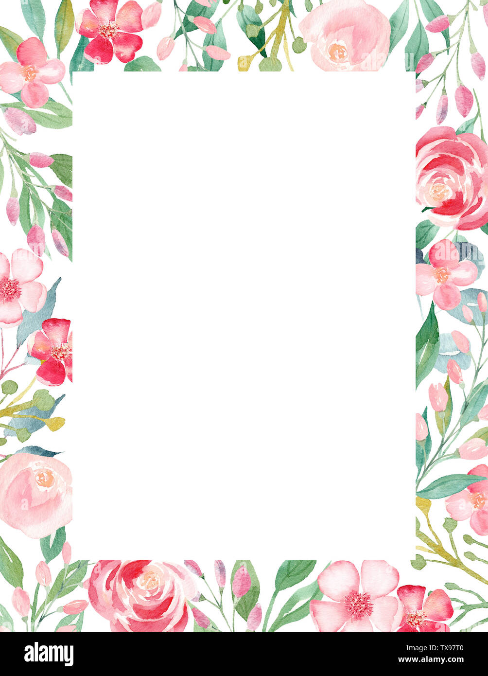 Flowers watercolor hand drawn raster frame template. Blooming floral ...