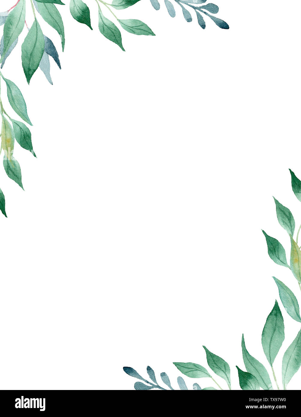 Green leaves watercolor hand drawn raster frame template. Olive