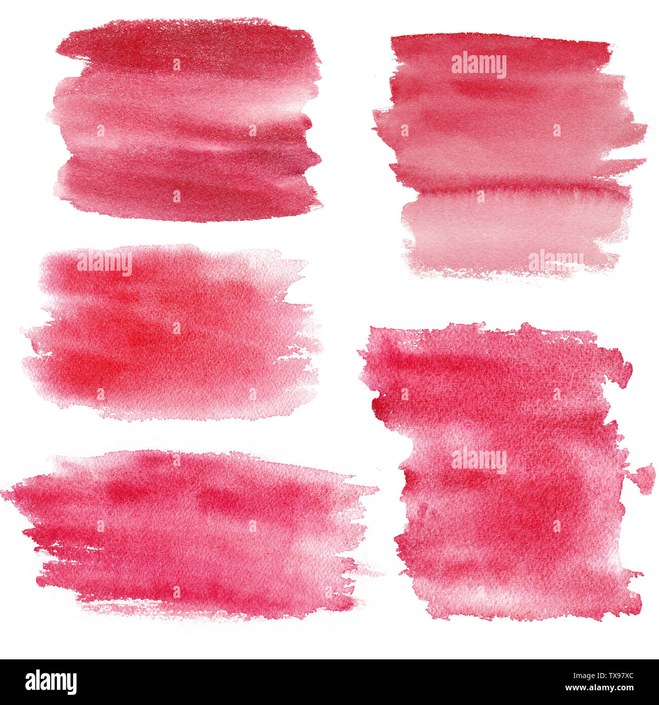 Watercolor red paint brushtrokes raster texture set. Watercolour crimson hand drawn brush strokes stain. Gradient ombre water drawing background. Aqua Stock Photo