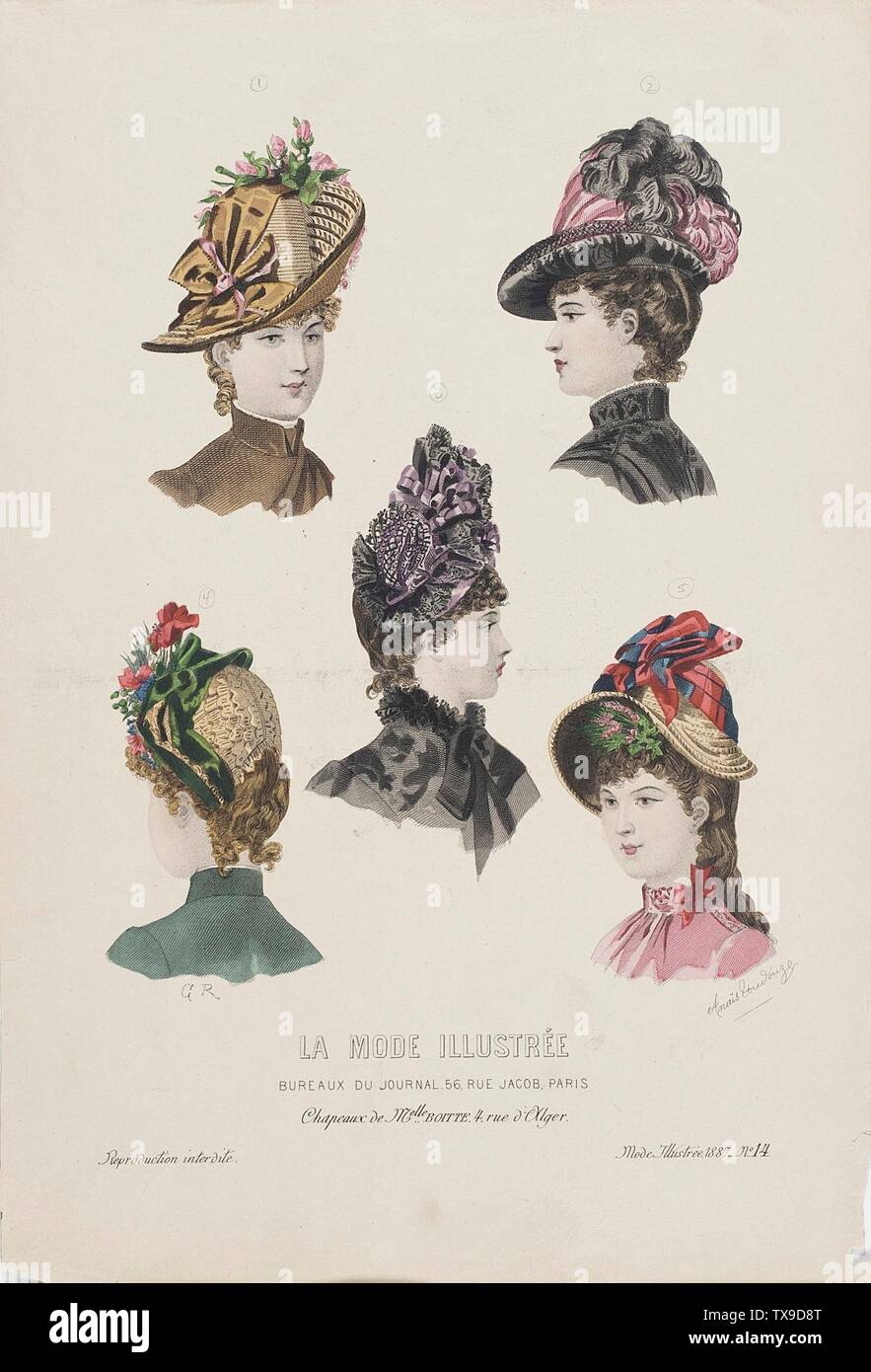 Millinery Print;  France, 1887 Drawings Paper 15 x 10 3/16 in. (38.1 x 25.88 cm) Costume Council Fund (M.74.50.48) Costume and Textiles; 1887date QS:P571,+1887-00-00T00:00:00Z/9; Stock Photo