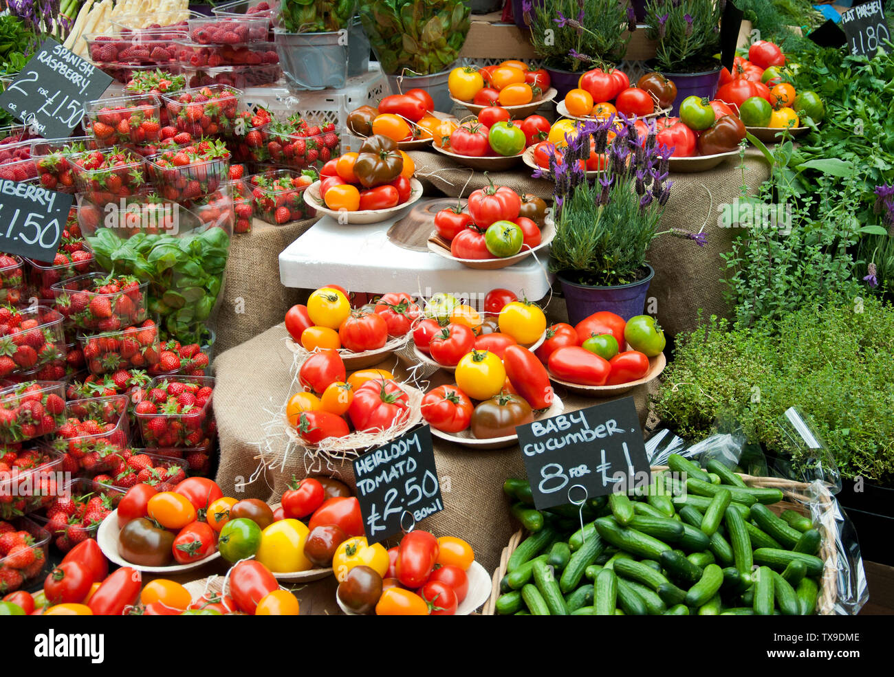 Fruit and vegetable market stall in Borough Market, London Stock Photo