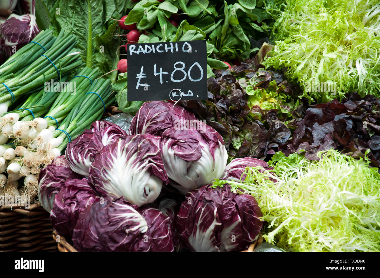 Fruit and vegetable market stall in Borough Market, London Stock Photo