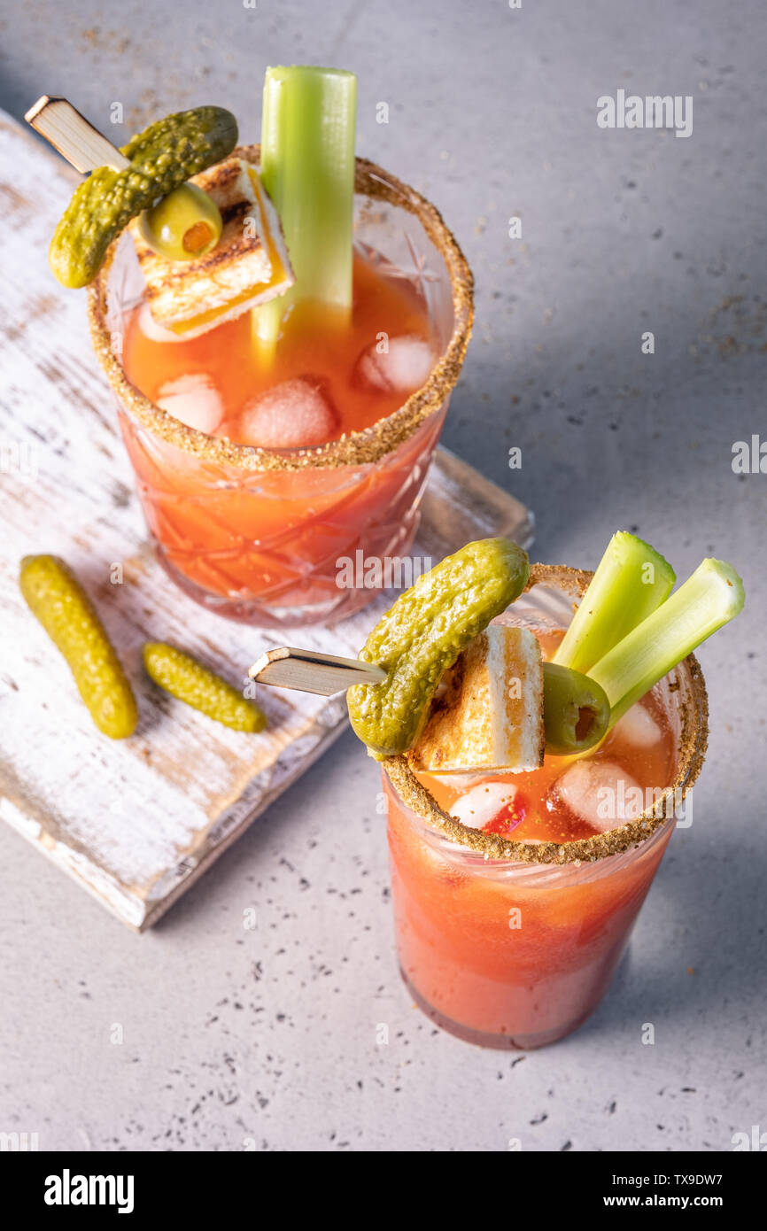 Bloody Mary Cocktail with tomato juice and pickles Stock Photo Alamy