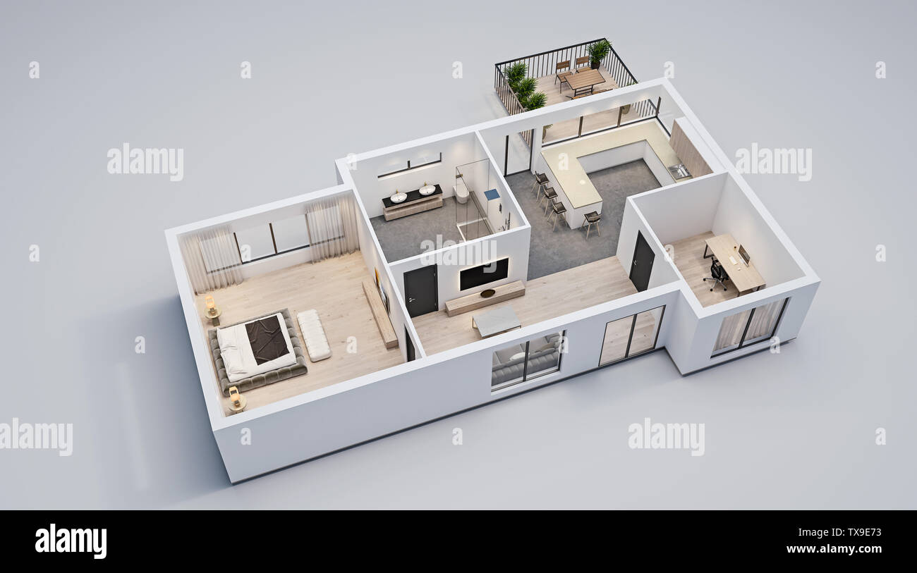 modern interior design, isolated floor plan with white walls, blueprint of apartment, house, furniture, isometric, perspective view, 3d rendering Stock Photo