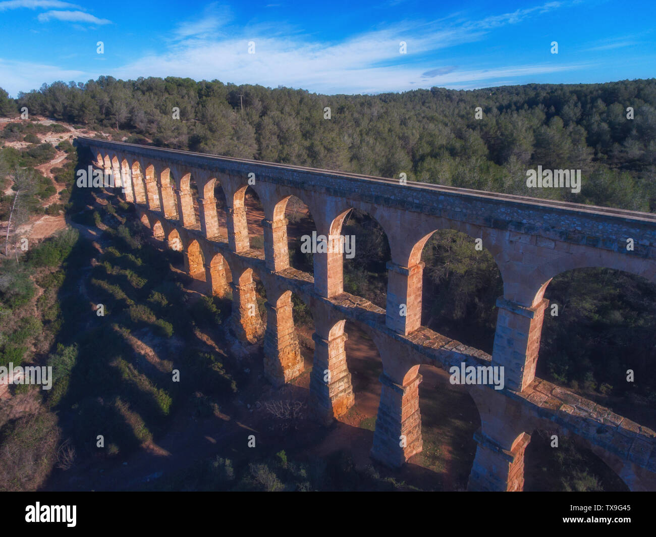 Aerial view of the medieval Roman aqueduct in Tarragona, Catalonia