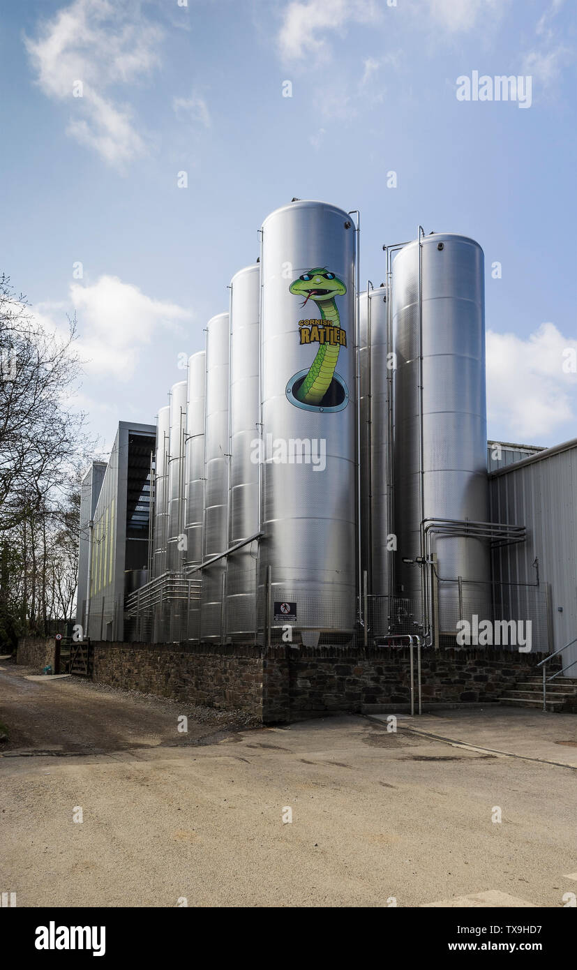 Silos at Haleys Cornish Cyder Farm bearing the Rattler logo at