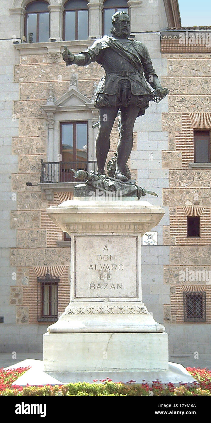 Monument to Ãlvaro de BazÃ¡n (1526â€“1588) at the Plaza de la Villa in Madrid (Spain). Inaugurated in 1891. Made of marble and bronze by sculptor Mariano Benlliure (1862â€“1947). Measurements: statue 2.20 metres; pedestal 1.90 metres. EspaÃ±ol: Monumento a Don Ãlvaro de BazÃ¡n (1526â€“1588) en la Plaza de la Villa de Madrid (EspaÃ±a). Inaugurado en 1891. Realizado en mÃ¡rmol y bronce por el escultor Mariano Benlliure (1862â€“1947). Medidas: estatua 2,20 metros; pedestal 1,90 metros.; 17 April 2006; Own work; Luis GarcÃa (Zaqarbal); Stock Photo