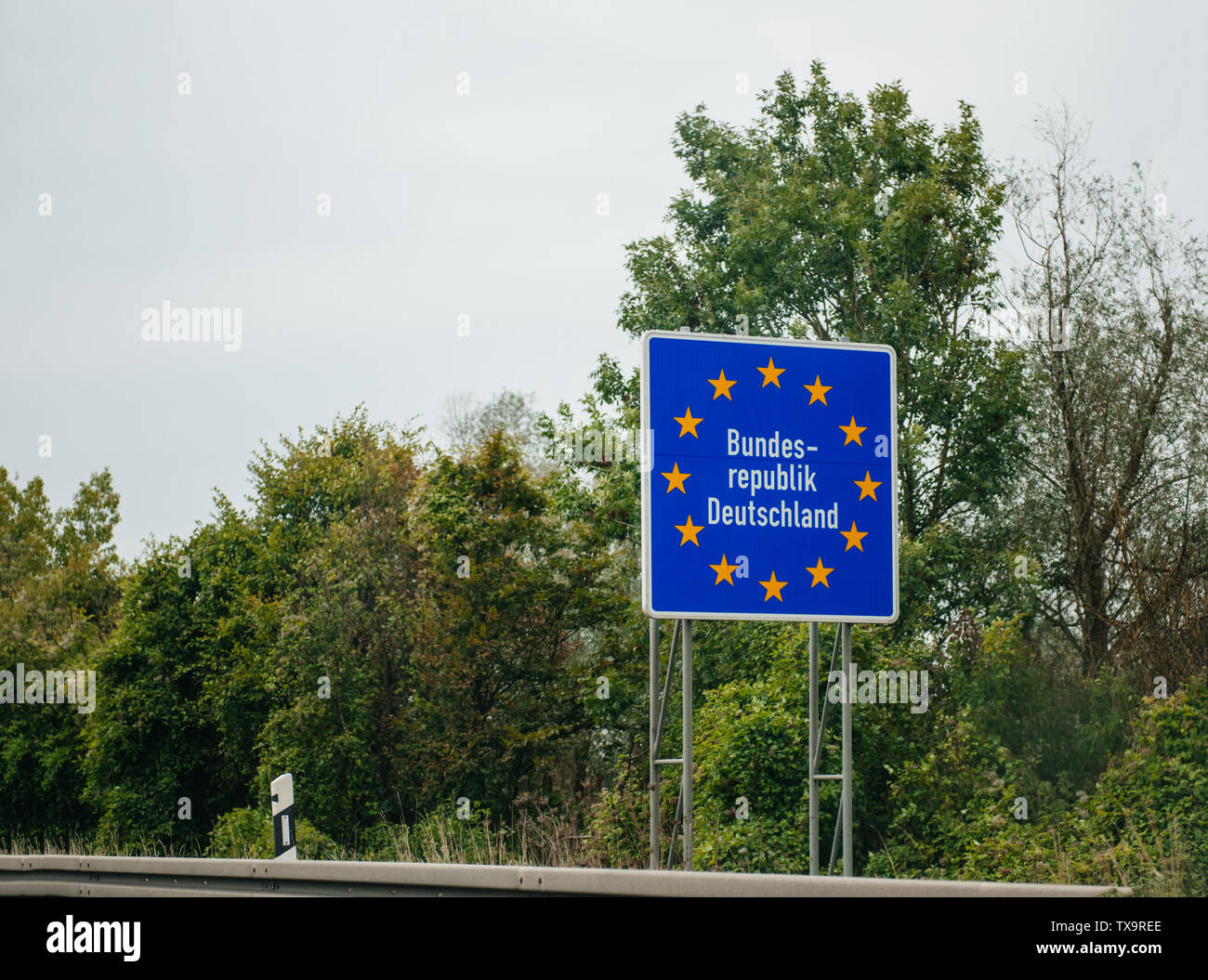 Entrance street highway sign to Germany, Member of European Union with text Bundesrepublik Deutschland Stock Photo