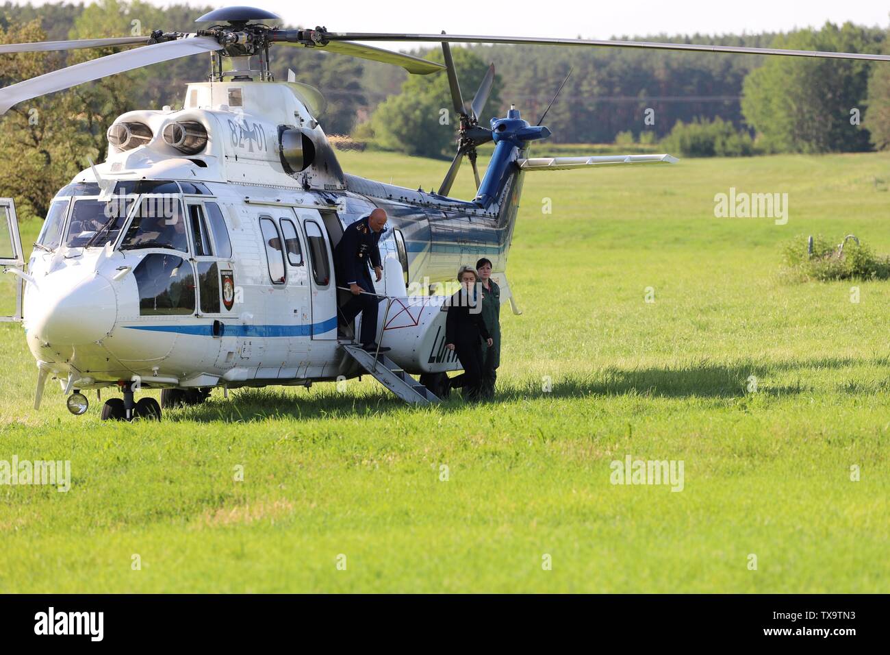 une 24, 2019 - Eurofighter crash in germany  - German Defense Minister Ursula von der Leyen landing at the scene of a crash with a helicopter. Stock Photo