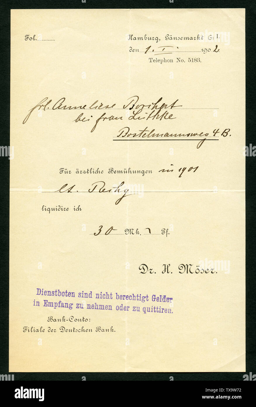 Europa, Deutschland, Hamburg, Rechnung ( Liquidation ) über ärztliche Bemühungen der Praxis Dr. H. Möser , vom 01. Januar 1902 , mit dem Stempel : Die Stock Photo