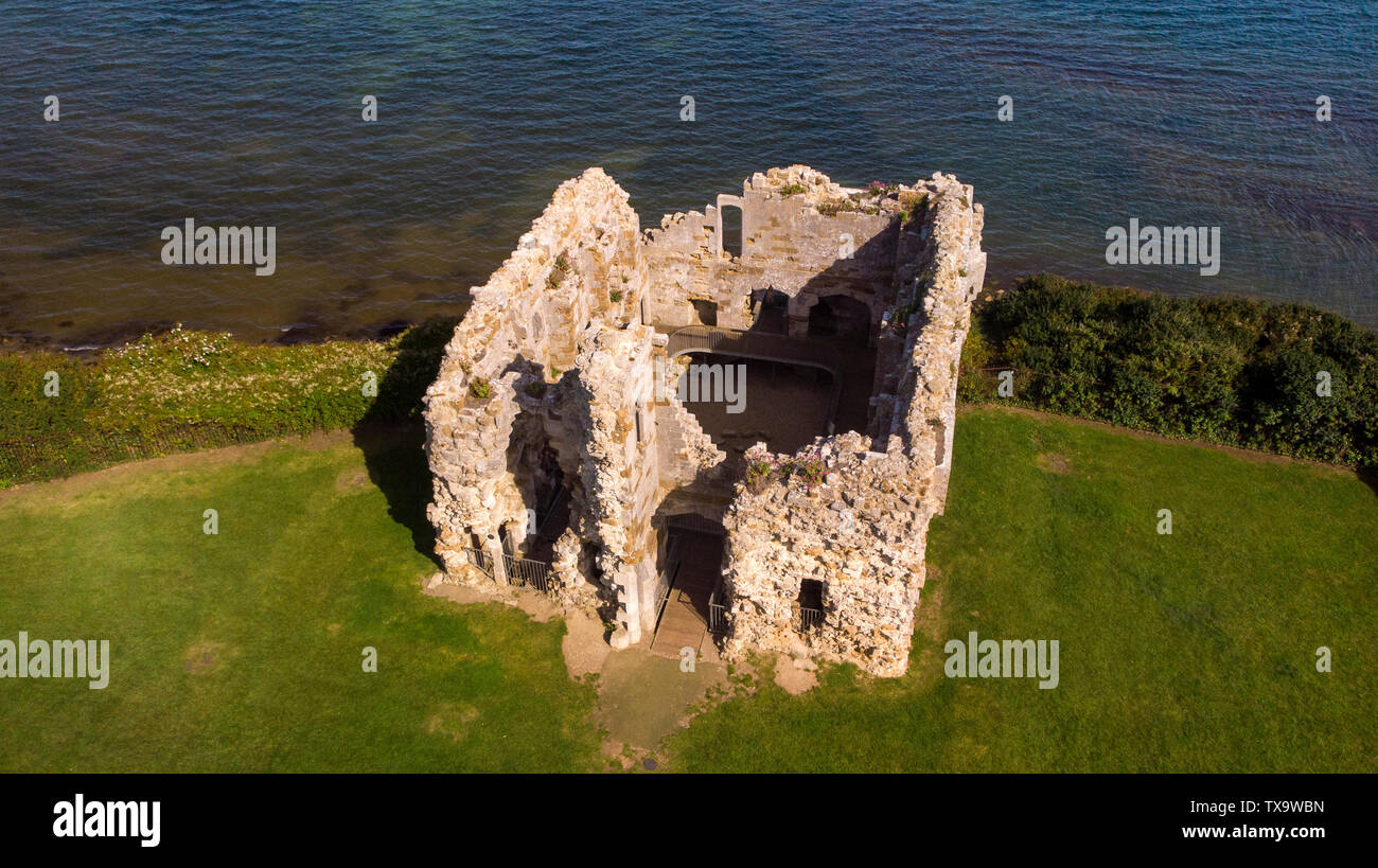 Drone view in evening light on the ruins of Sandsfoot Castle, aka Weymouth Castle, built by Henry VIII to defend Weymouth Bay Stock Photo