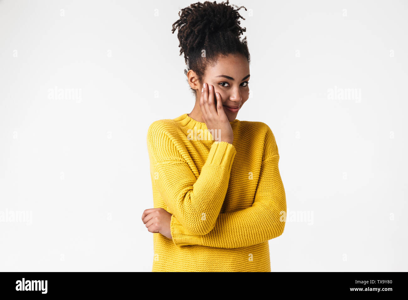 Image closeup of charming african american woman looking at camera with ...