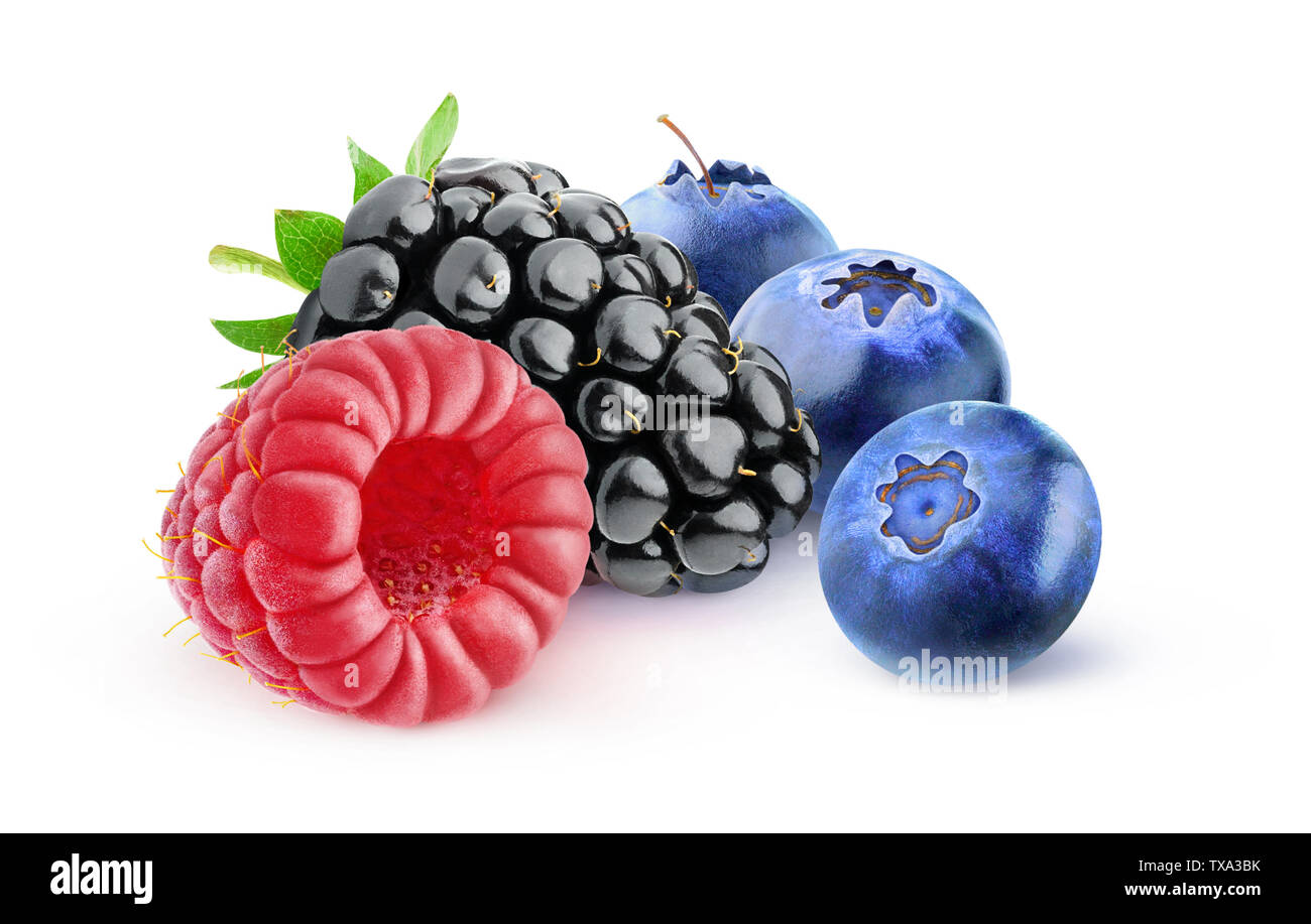 Isolated berries. Blackberry, raspberry and blueberries isolated on white background with clipping path Stock Photo