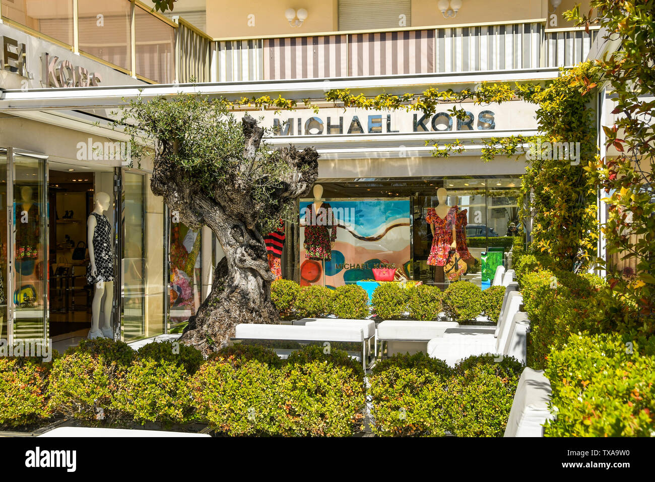 CANNES, FRANCE APRIL 2019 Signs outside the Michael Kors store on the seafront in Cannes. It