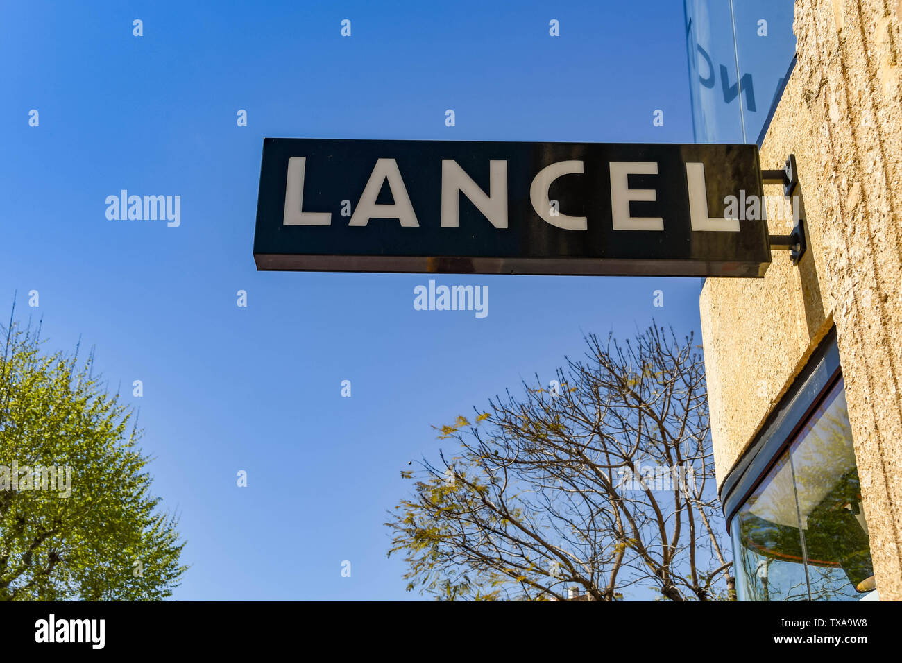 CANNES, FRANCE - APRIL 2019: Signs above the entrance to the Lancel store on the seafront in Cannes. Stock Photo