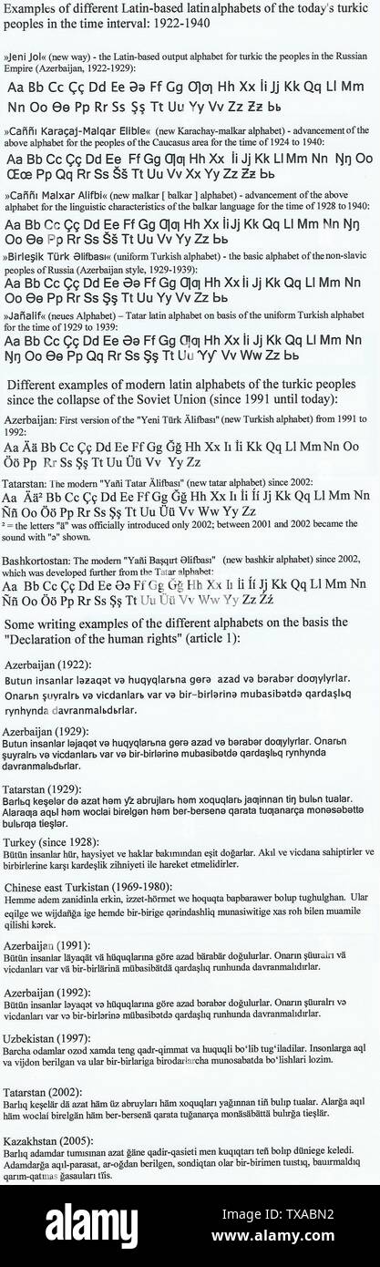 Dieses Bild zeigt verschiedene lateinisch-basierte Alphabete (sogenanntes Einheitliches Alphabet) der TurkvÃ¶lker in den frÃ¼hen 1920er Jahren bis zu deren AblÃ¶sung durch russisch-basierte Kyrillaphabete ab 1938/40. Daneben werden einige moderne turkvÃ¶lkische Alphabete (sogenannte neue tÃ¼rkische Alphabete) angefÃ¼hrt, die sich vom modernen Lateinalphabet der TÃ¼rkei ableiten. Hinweise/Notes: Die verschiedenen Lateinalphabete wurden zwischen 1938 und 1940 im Zuge des verstÃ¤rkten Russisch-Unterrichtes bei den nichtslawischen VÃ¶lkern RuÃŸlands durch modifizierte Alphabete kyrillischen Urspru Stock Photo