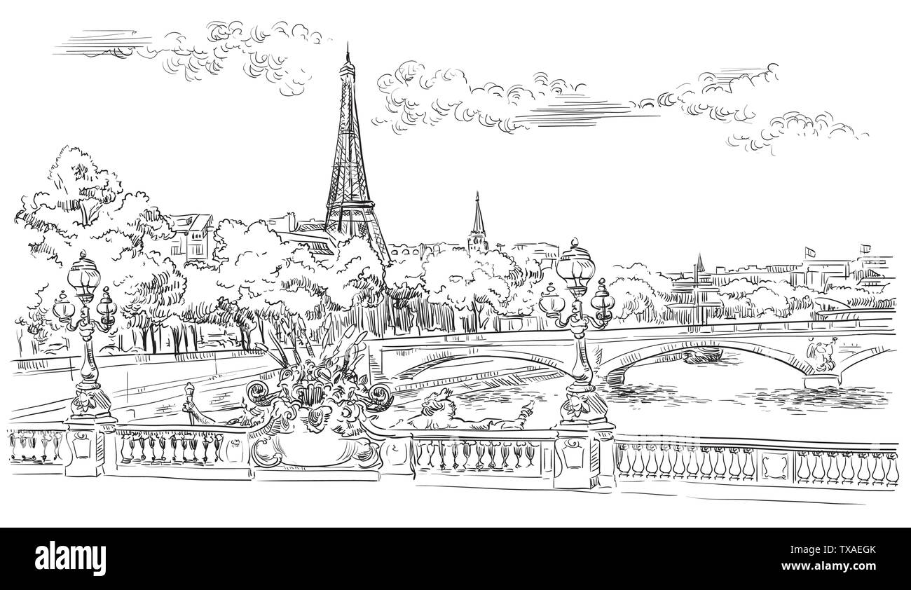 Drawing sketch eiffel tower in paris Royalty Free Vector