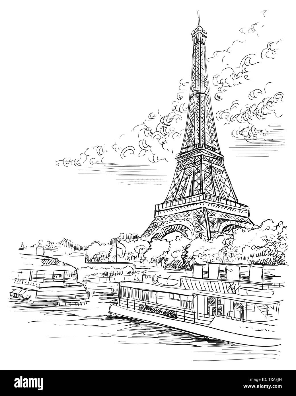 Vector hand drawing Illustration of Eiffel Tower (Paris, France). Landmark of Paris. Cityscape with Eiffel Tower, view on Seine river embankment. Vect Stock Vector