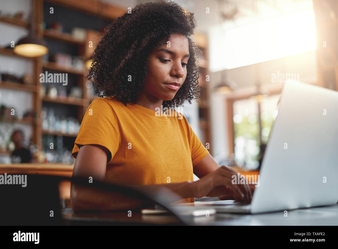 Young woman working on her laptop Stock Photo - Alamy