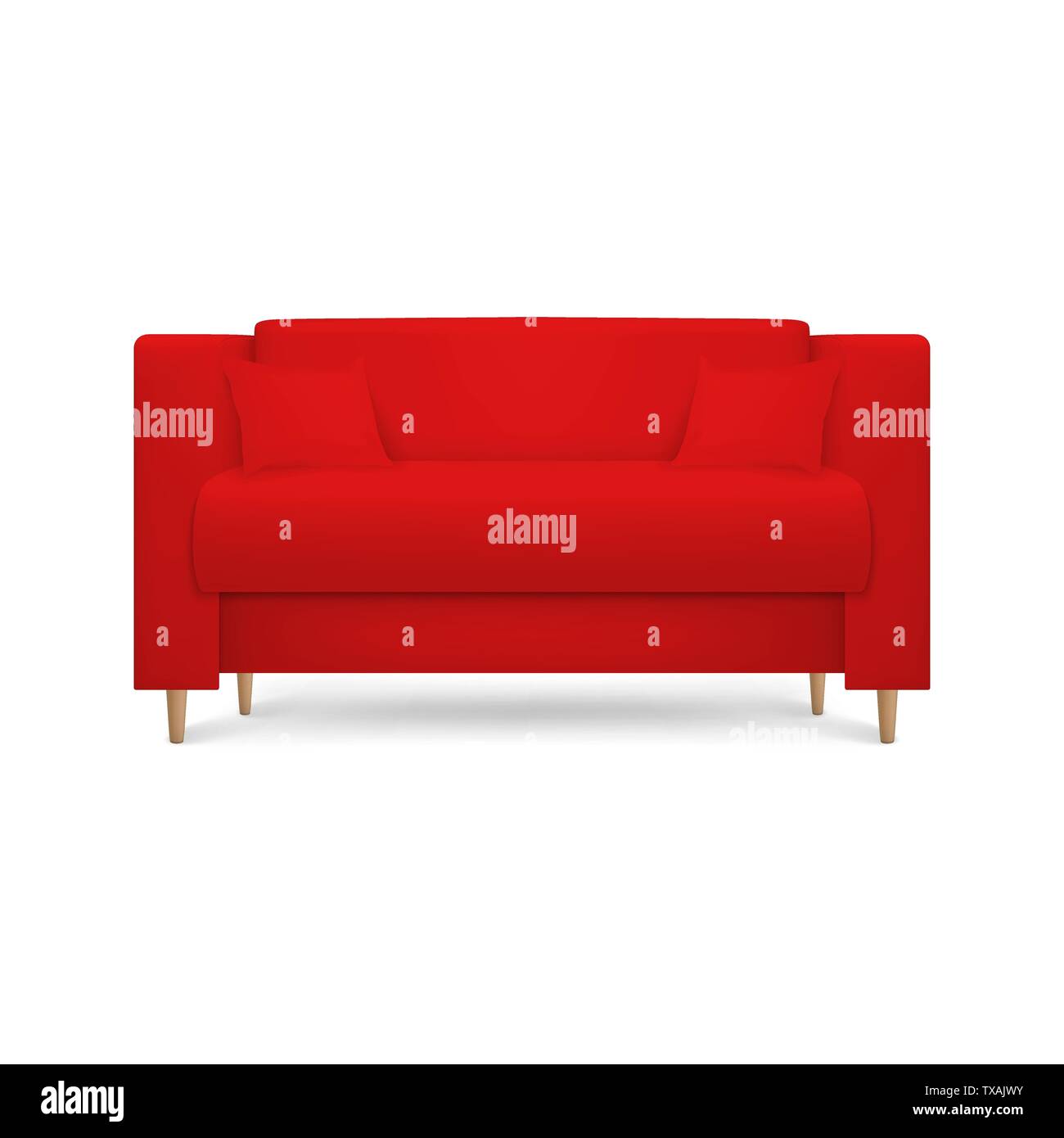 Vector 3d Realistic Render Red Leather Luxury Office Sofa, Couch with Pillows in Simple Modern Style for Interior Design, Living Room, Reception or Stock Vector