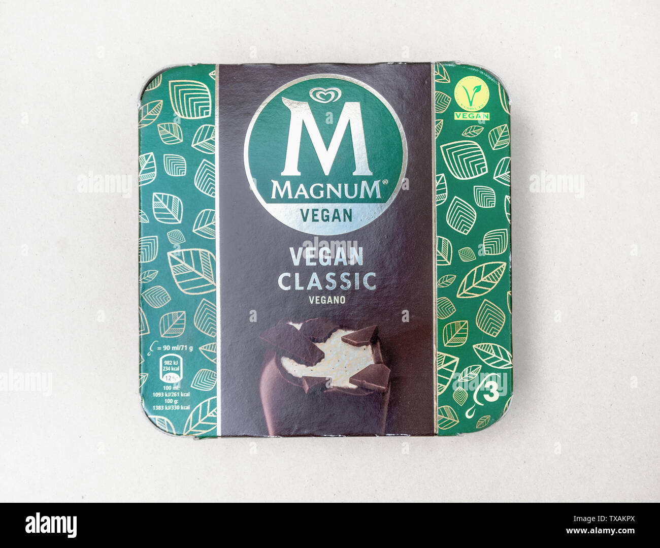 London / UK - June 15th 2019 - Vegan magnum ice cream lollies, pack of three dairy free classic ice creams with chocolate coating Stock Photo