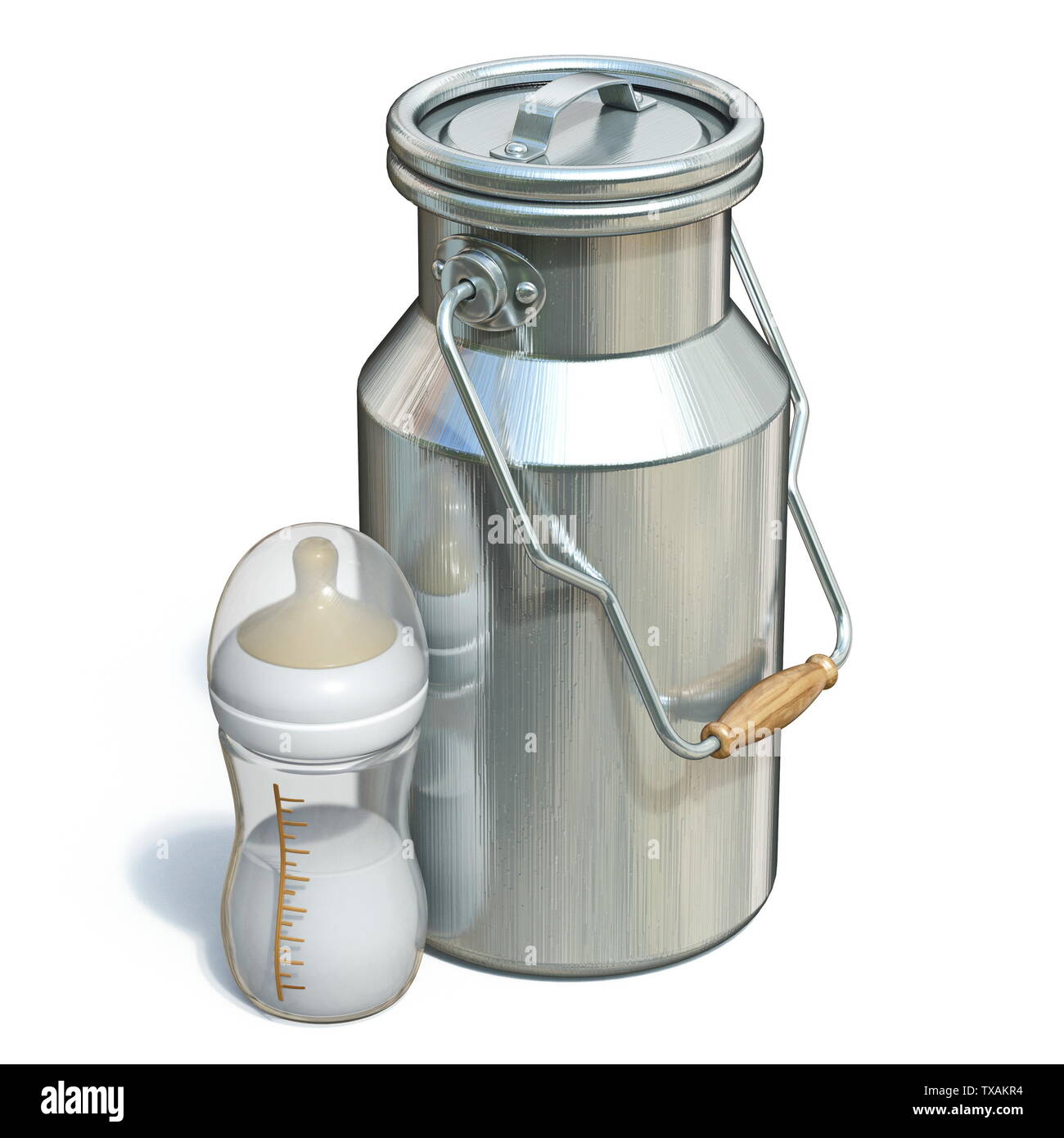 Container and baby bottle for milk 3D render illustration isolated on ...
