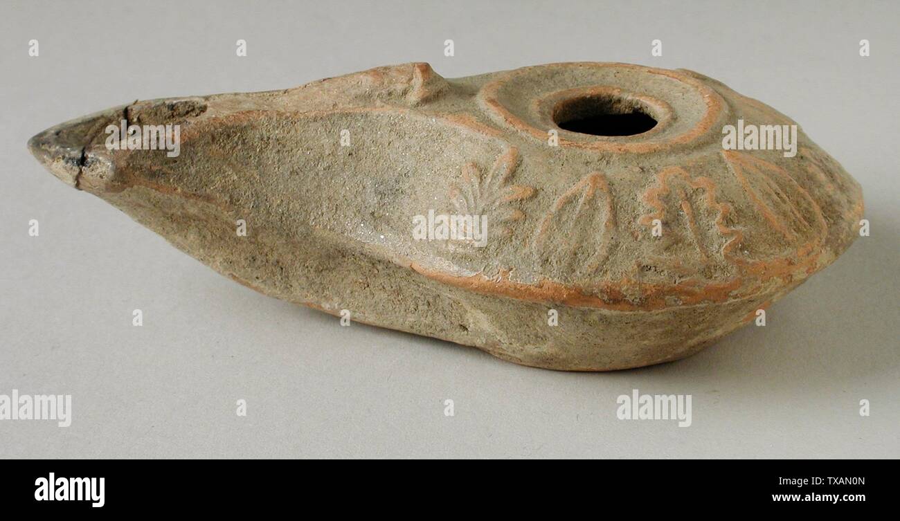 Oil Lamp with Molded Foliage Design;  Israel, 3rd century B.C. Furnishings; Lighting Ceramic Width:  4 1/4 in. (10.8 cm) Anonymous gift (M.91.364.11) Art of the Ancient Near East; 3rd century BC date QS:P571,-250-00-00T00:00:00Z/7; Stock Photo