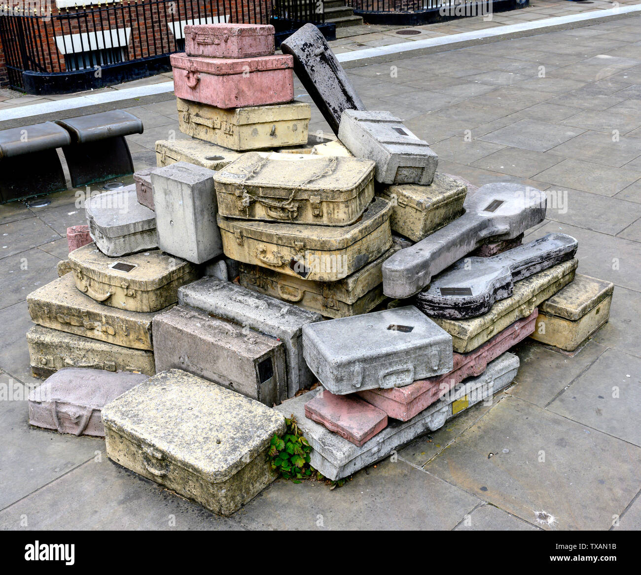 Concrete art in the form of luggage situated at junction of Hope Street and Mount Street, Liverpool, England, UK. Stock Photo