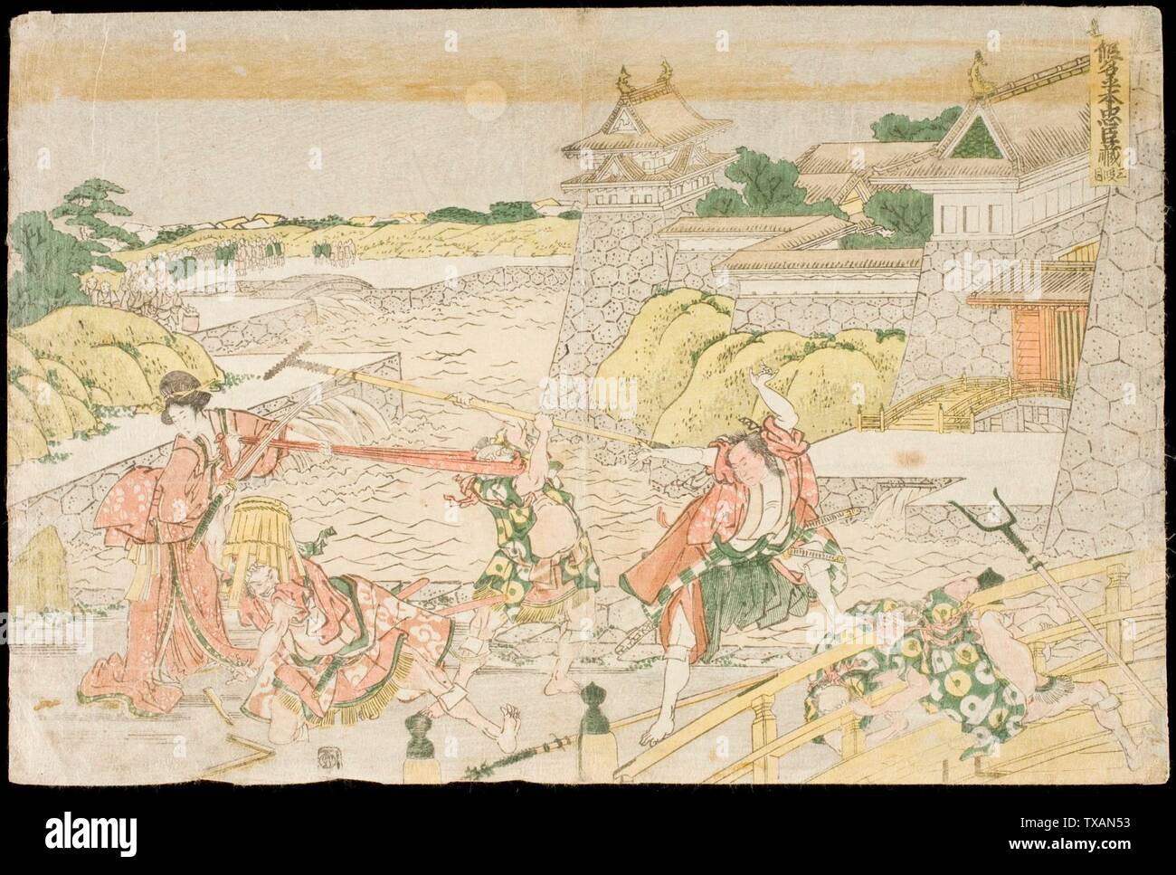 ÅŒkaru and Kampei outside Kamakura Castle, Act III from the Play ChÅ«shingura;  1806 Prints; woodcuts Color woodbk print Sheet:  9 7/8 x 14 3/4 in. (25.08 x 37.47 cm) The Joan Elizabeth Tanney Bequest (M.2006.136.128) Japanese Art; 1806date QS:P571,+1806-00-00T00:00:00Z/9; Stock Photo