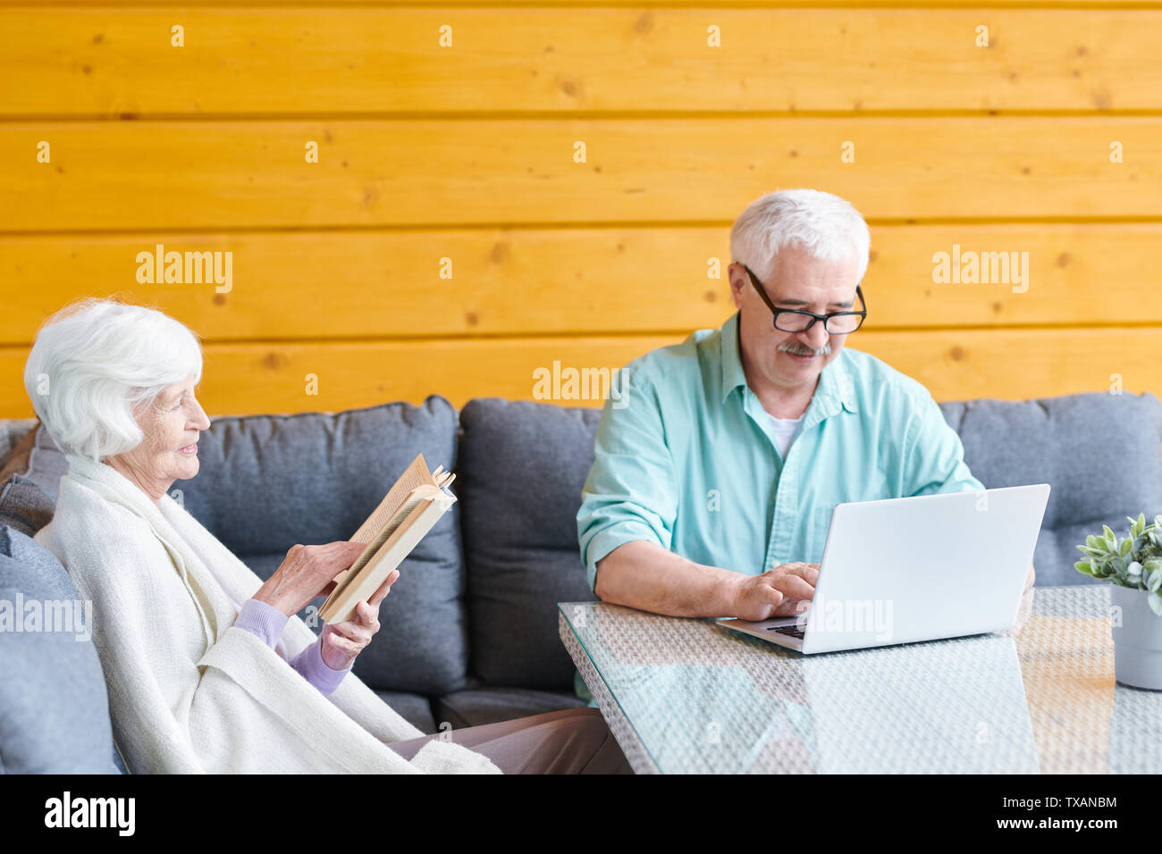 Restful senior spouses sitting on sofa in living-room Stock Photo