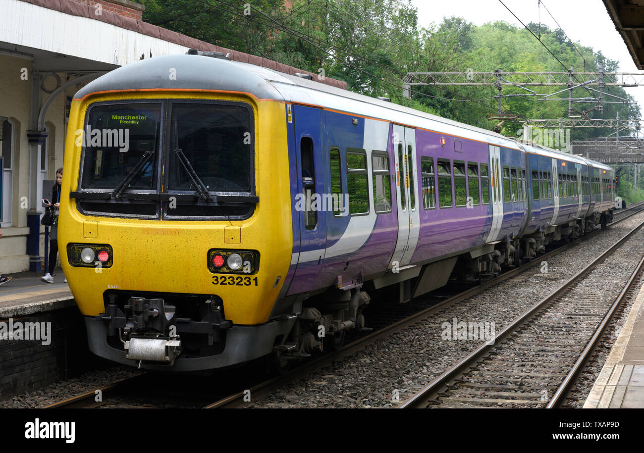 British rail class 323 electric multiple unit train at Alderley Edge Railway Station, Alderley Edge, Cheshire, England, UK in the Northern livery. Stock Photo